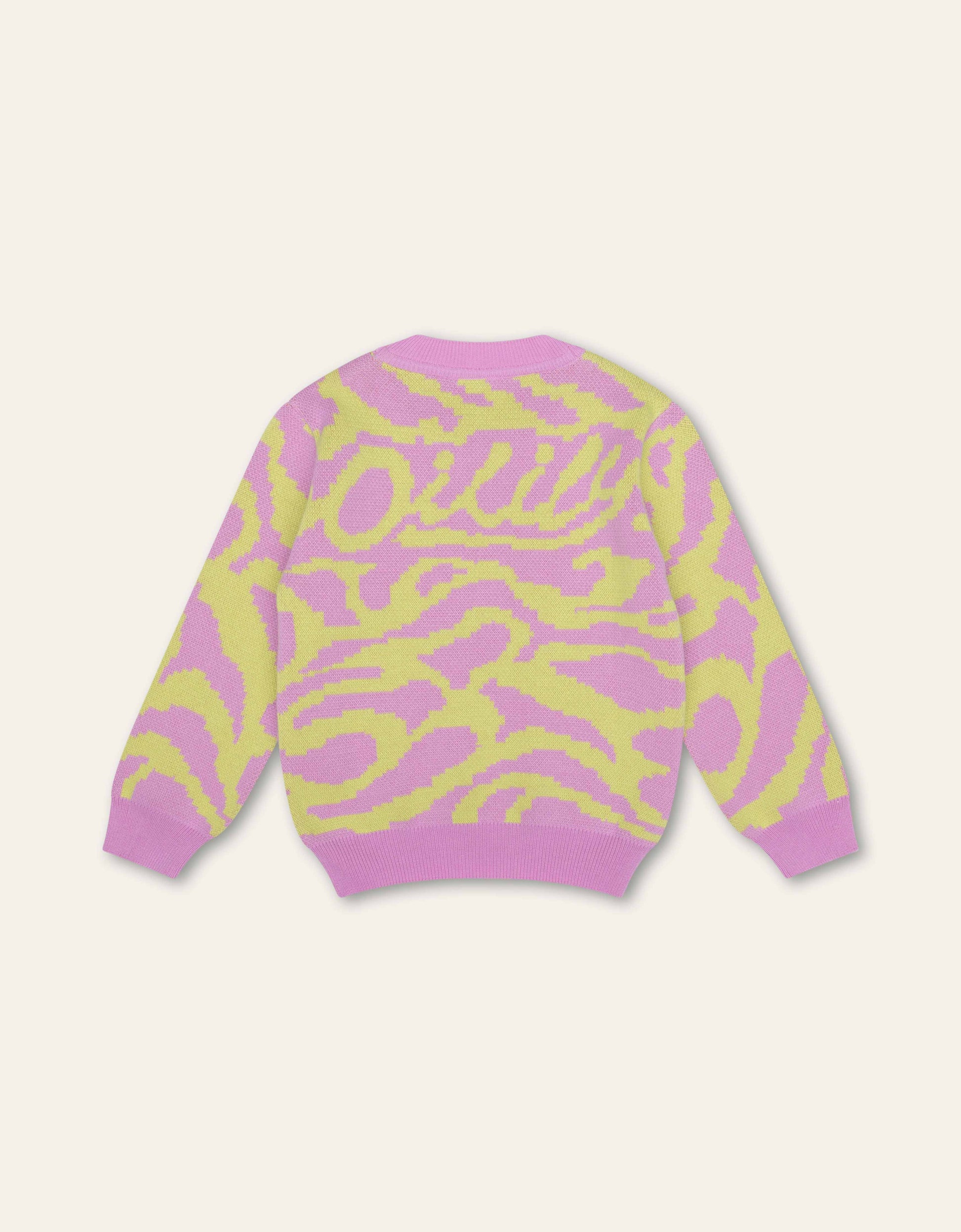Pink and yellow patterned Oilily sweater on a light beige background