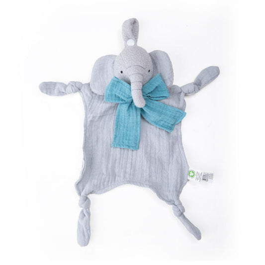 Gray elephant plush toy with a blue bow on a white background