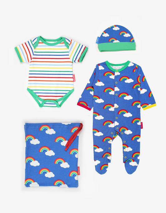 Set of Rainbow Baby clothing including babygrow, vest hat and drawstring bag.