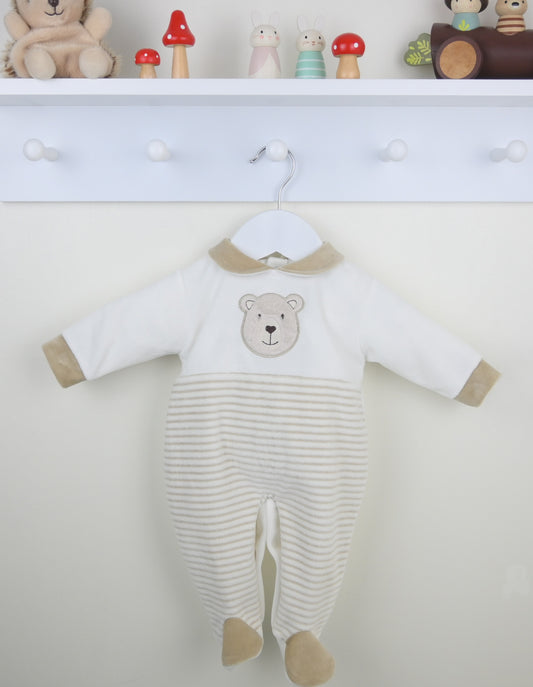 Baby onesie with bear design on a white background