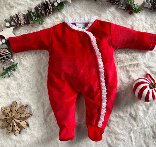 Pex red velour baby sleepsuit with lace edging and broderie trim – cotton-rich newborn outfit.