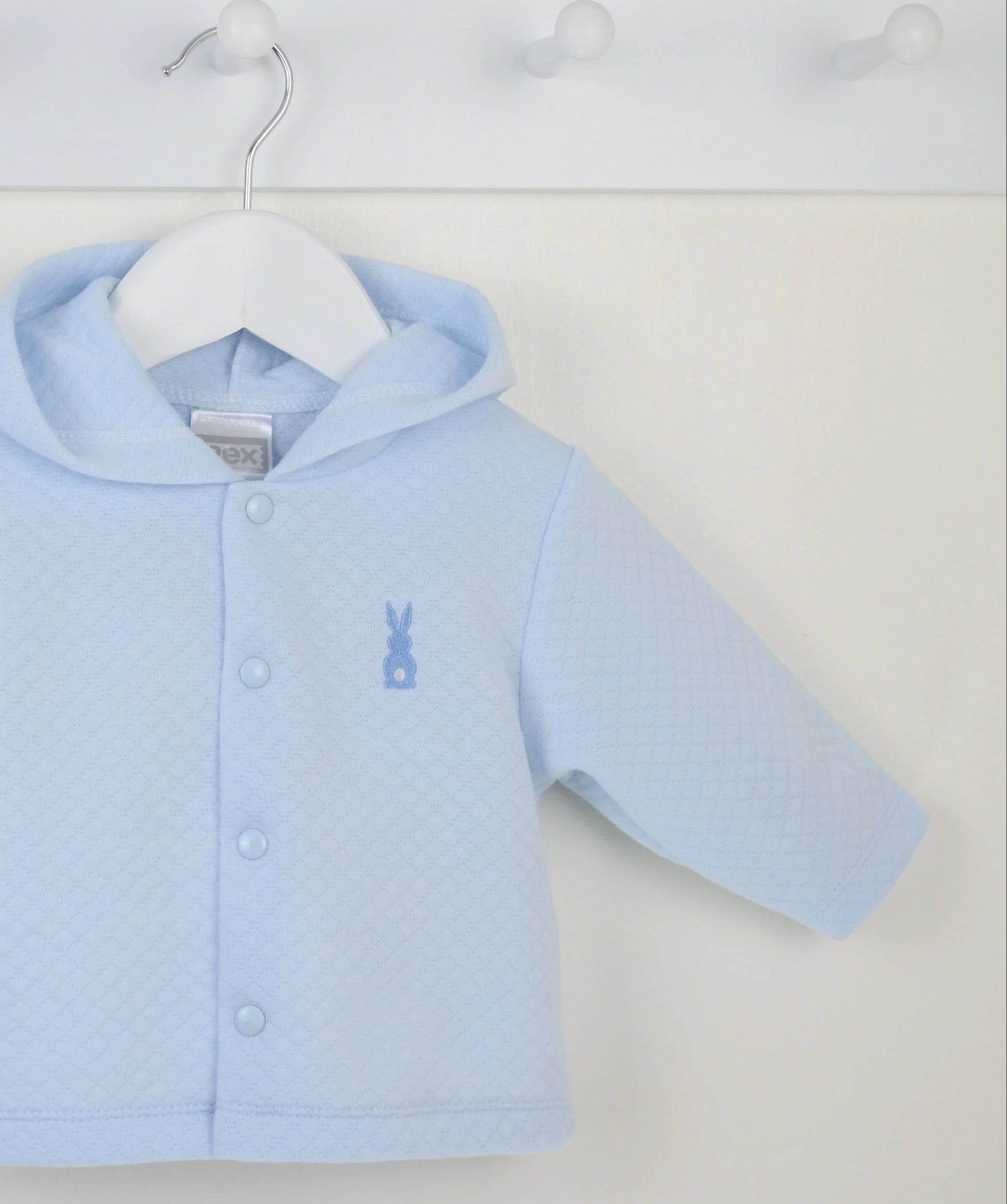 Light blue baby hooded jacket with a small bunny design on a white background