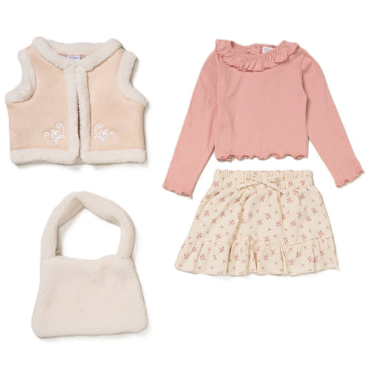 Set of children's clothing including a pink gilet, long sleeved top, frill skirt, and bag on a white background