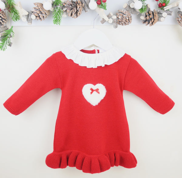 Red dress with white collar and heart design on a white background