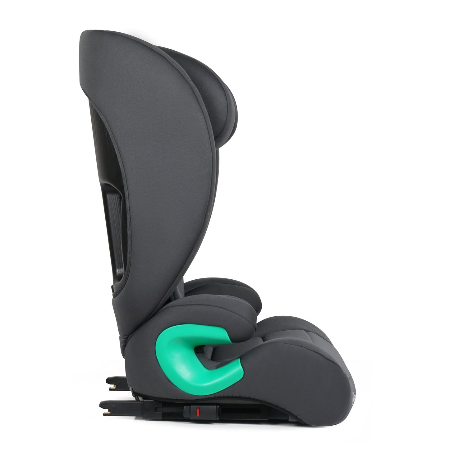 A dark gray child car seat shown from the side profile against a solid white background, featuring a distinctive bright green accent on the side harness attachment.