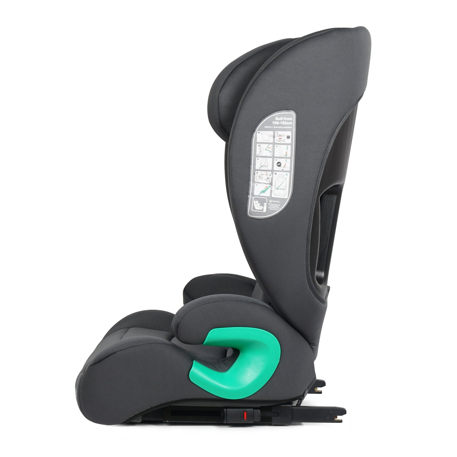 A dark gray child car seat shown from the side against a solid white background, featuring a bright green accent on the side support and a clear instructional label on the headrest.