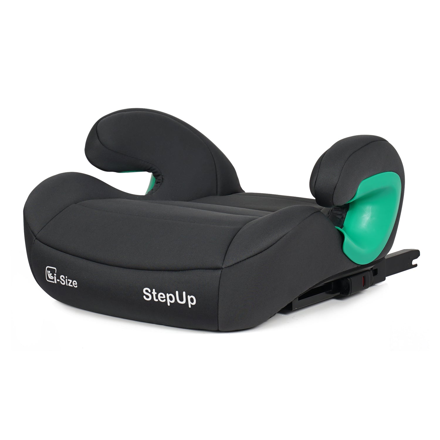 A black infant car seat booster with white StepUp and CL-Size branding, featuring bright green side bolsters, shown on a solid white background.