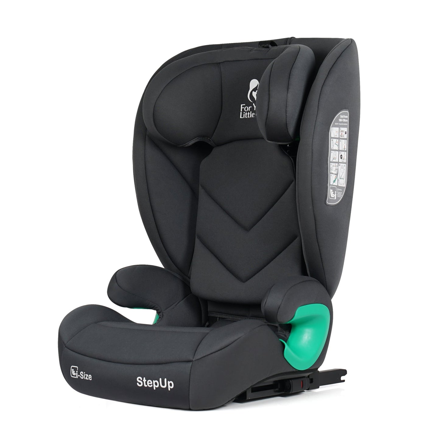 A black Carricoford StepUp child car seat with a bright green adjustment knob, shown on a solid white background.