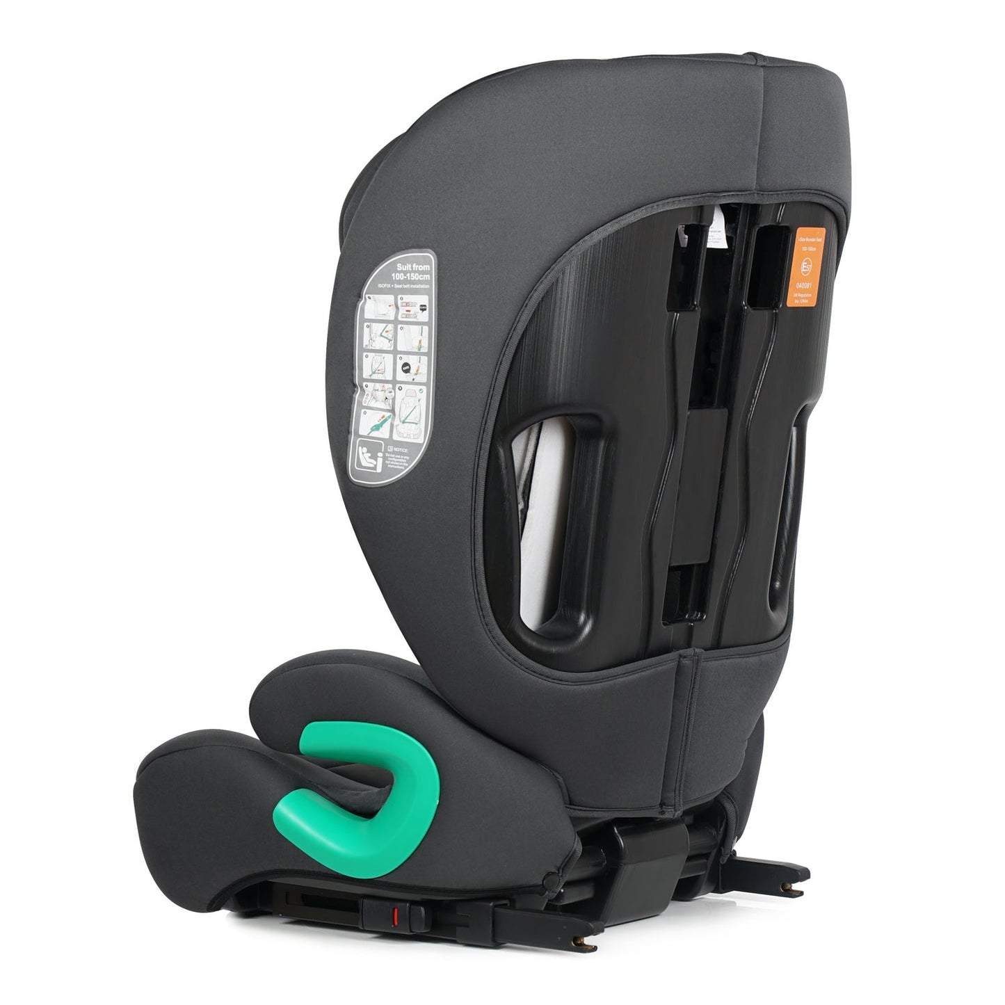 A black child car seat shown from a three-quarter rear angle on a white background, featuring a bright teal protective head cushion and a small orange LATCH label.