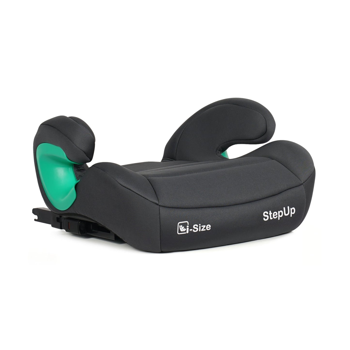 A black baby car seat booster seat with a matching headrest, featuring a bright green plastic latch cover on the left side. The product has 'i-Size' and 'StepUp' branding printed in white on the side, set against a plain white background.