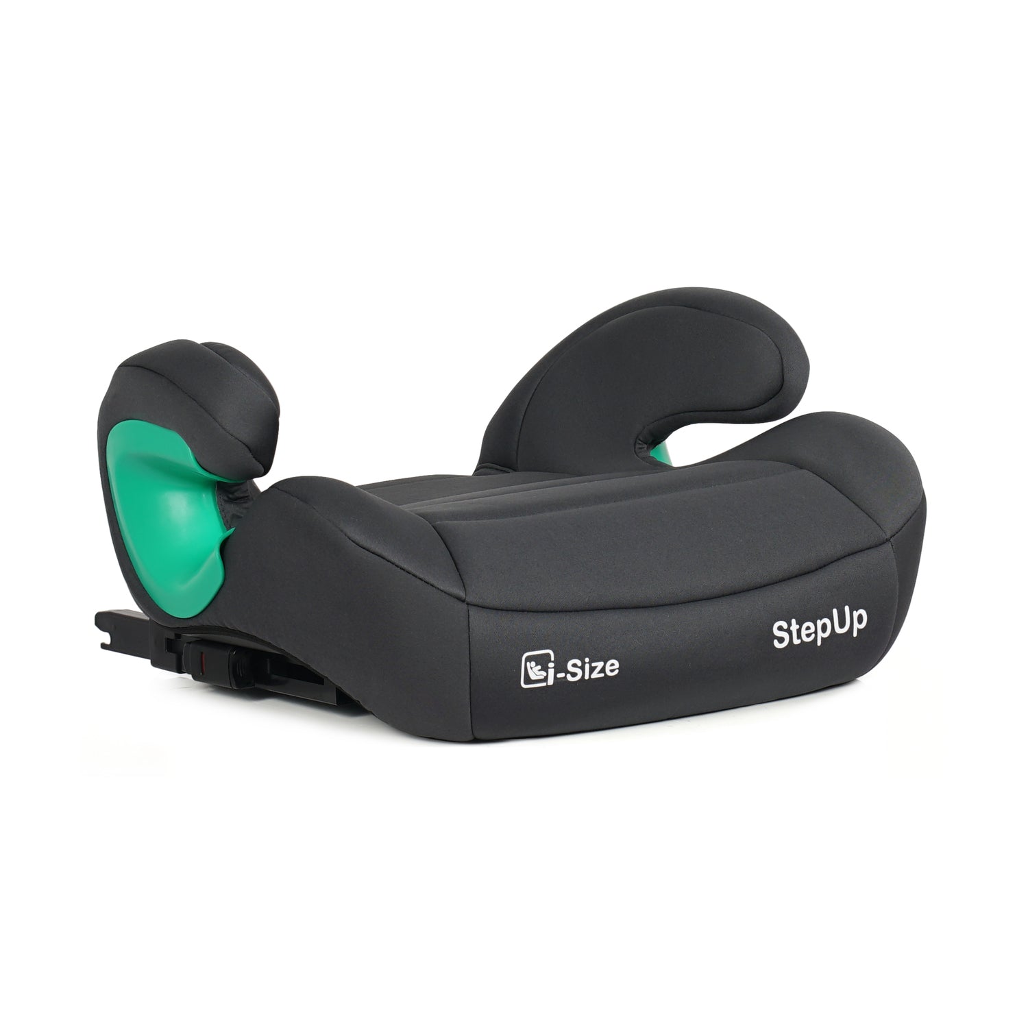 A black baby car seat booster seat with a matching headrest, featuring a bright green plastic latch cover on the left side. The product has 'i-Size' and 'StepUp' branding printed in white on the side, set against a plain white background.