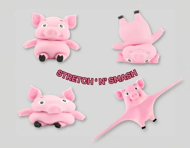 Four views of keycraft pink stretch pig squishy toy.