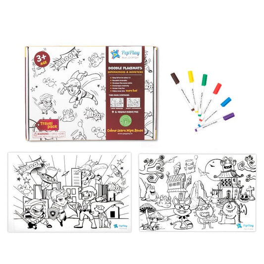 Coloring book set with placemats, markers, and coloring sheets on a white background