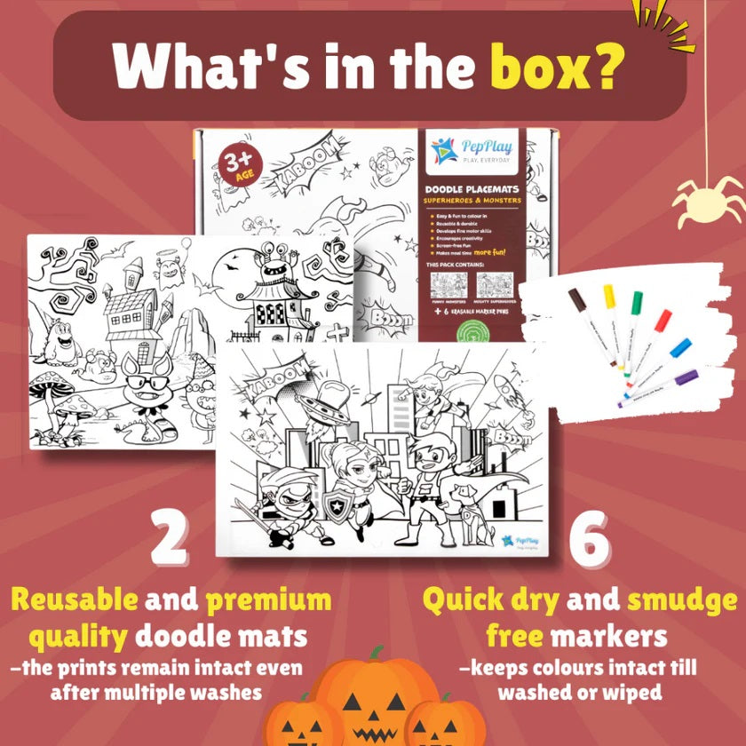 Promotional image of a coloring set with doodle mats and markers on a red background.