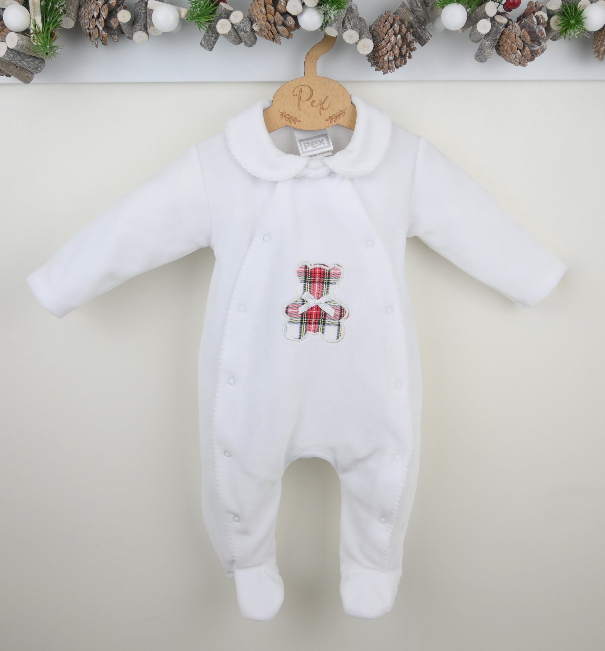 Pex Tartan Ted velour baby sleepsuit in cream with tartan bear detail