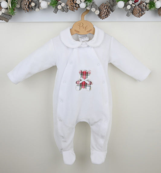 Pex Tartan Ted velour baby sleepsuit in cream with tartan bear detail