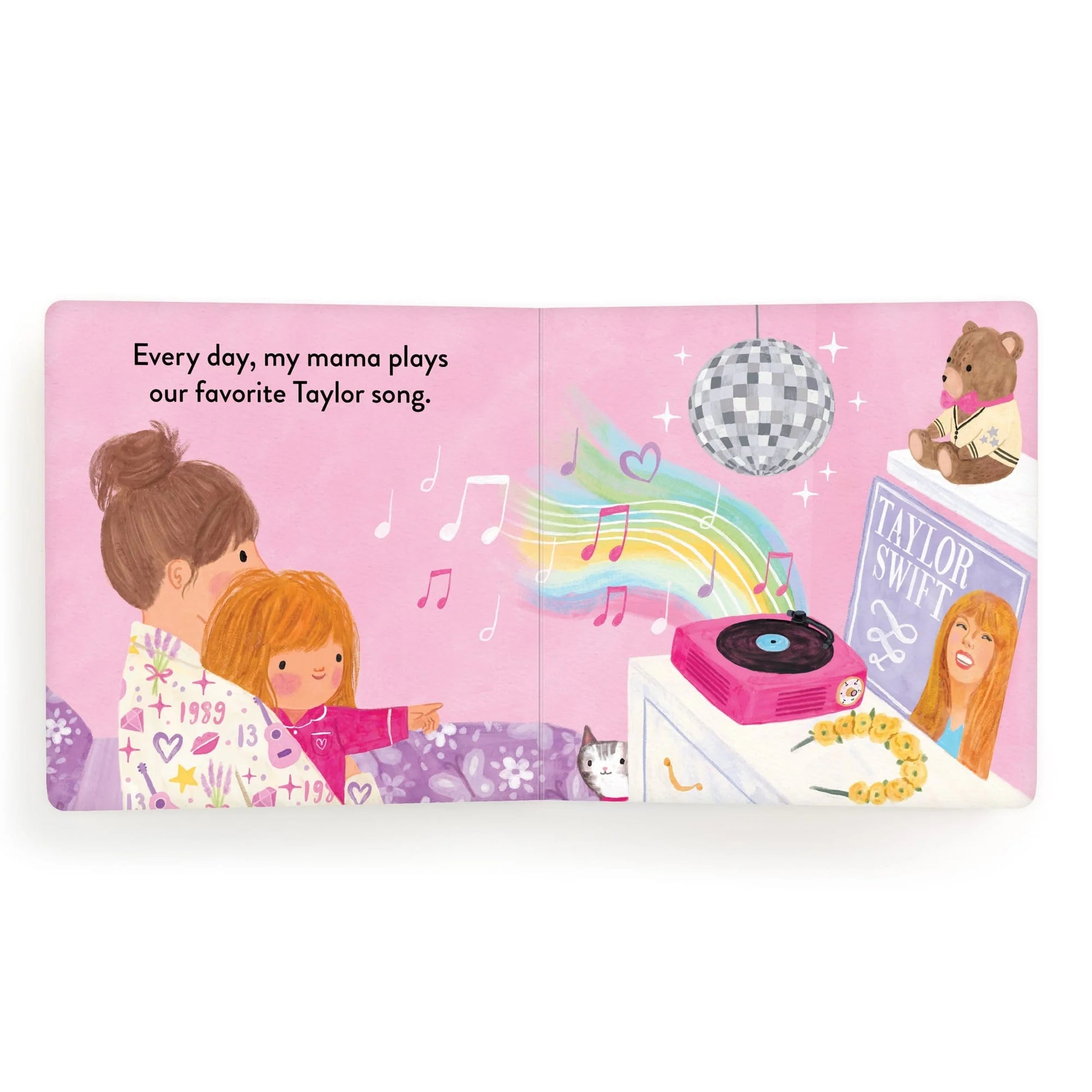 Children's book page with illustration of a mother and daughter playing music, featuring Taylor Swift album cover.