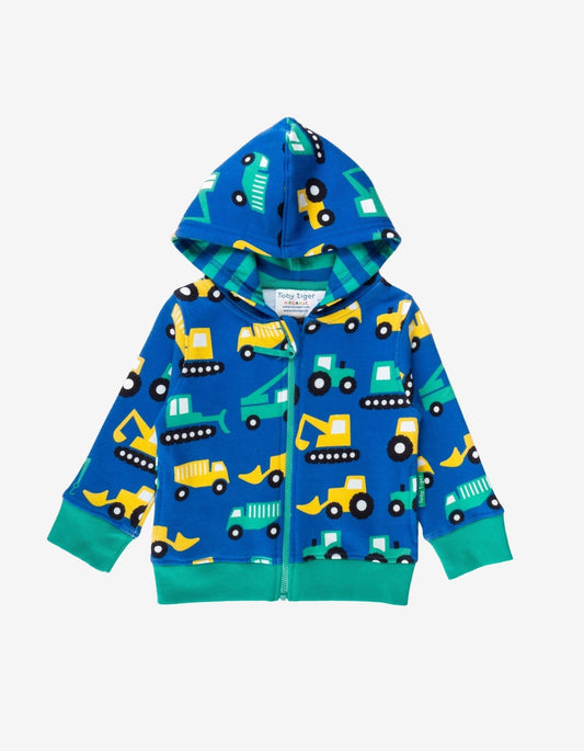 Blue hoodie with construction vehicle pattern on a white background