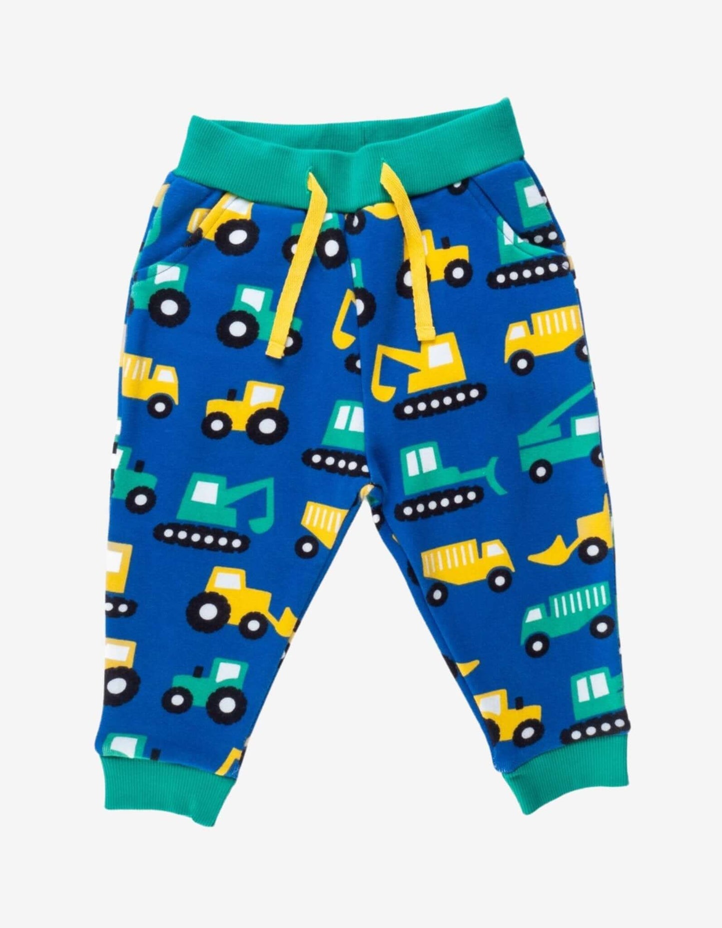Blue children's pants with construction vehicle pattern on a white background