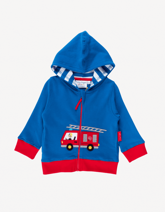 Toby tiger fire enginge blue hoodied zip up jacket with flap detailing