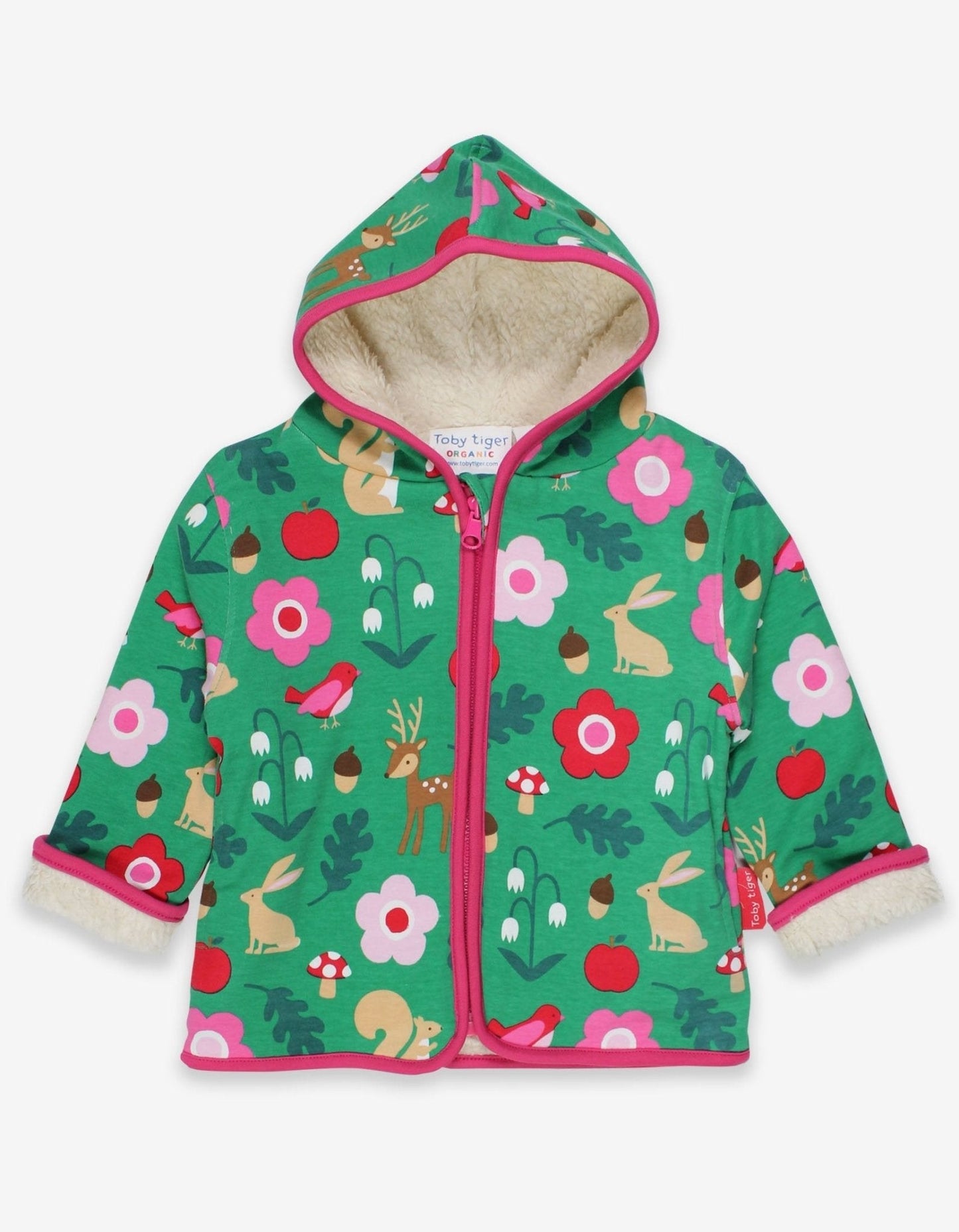 Children's organic fleece jacket with a forest pattern on a white background