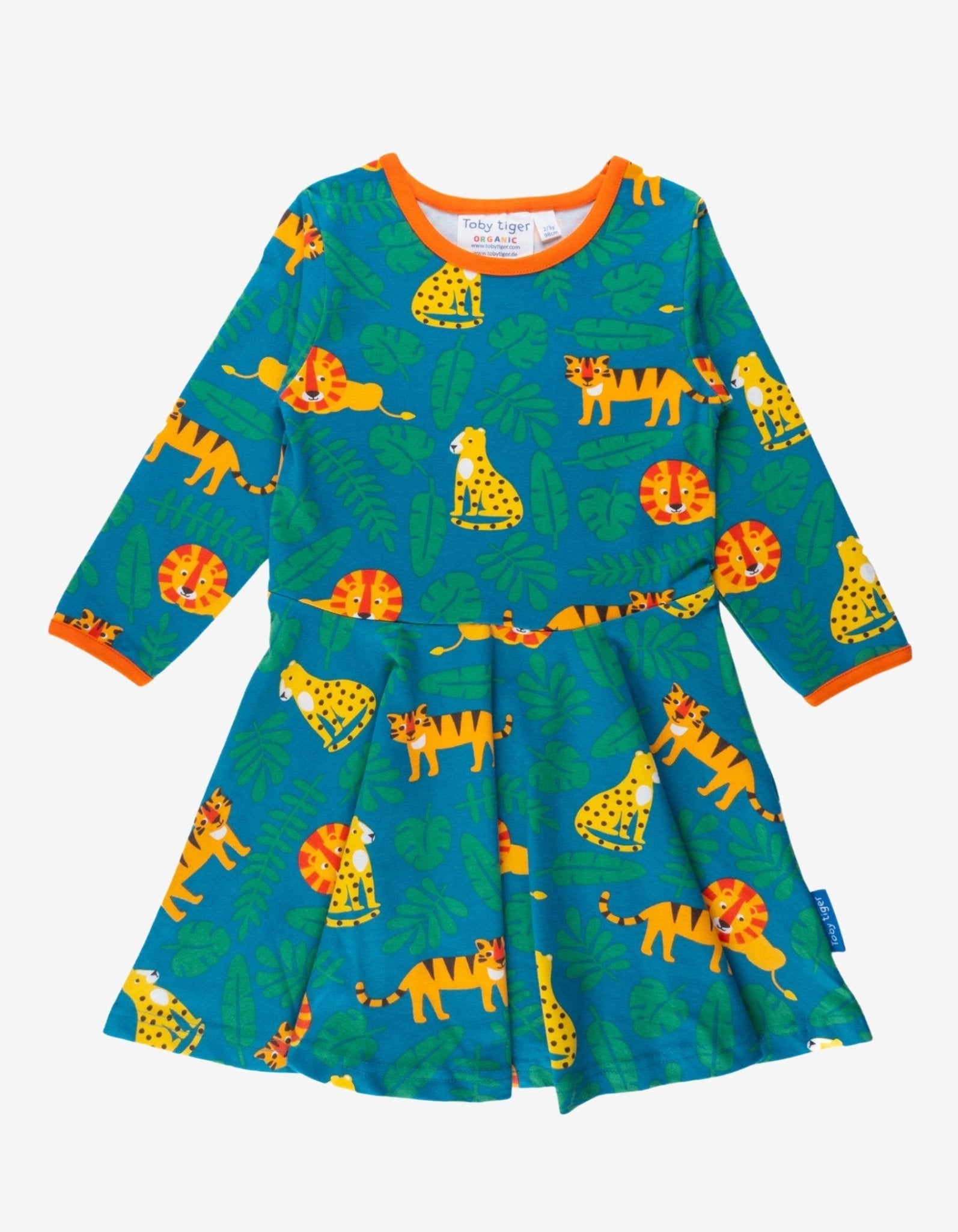 Children's dress with wild cats animal design on a white background