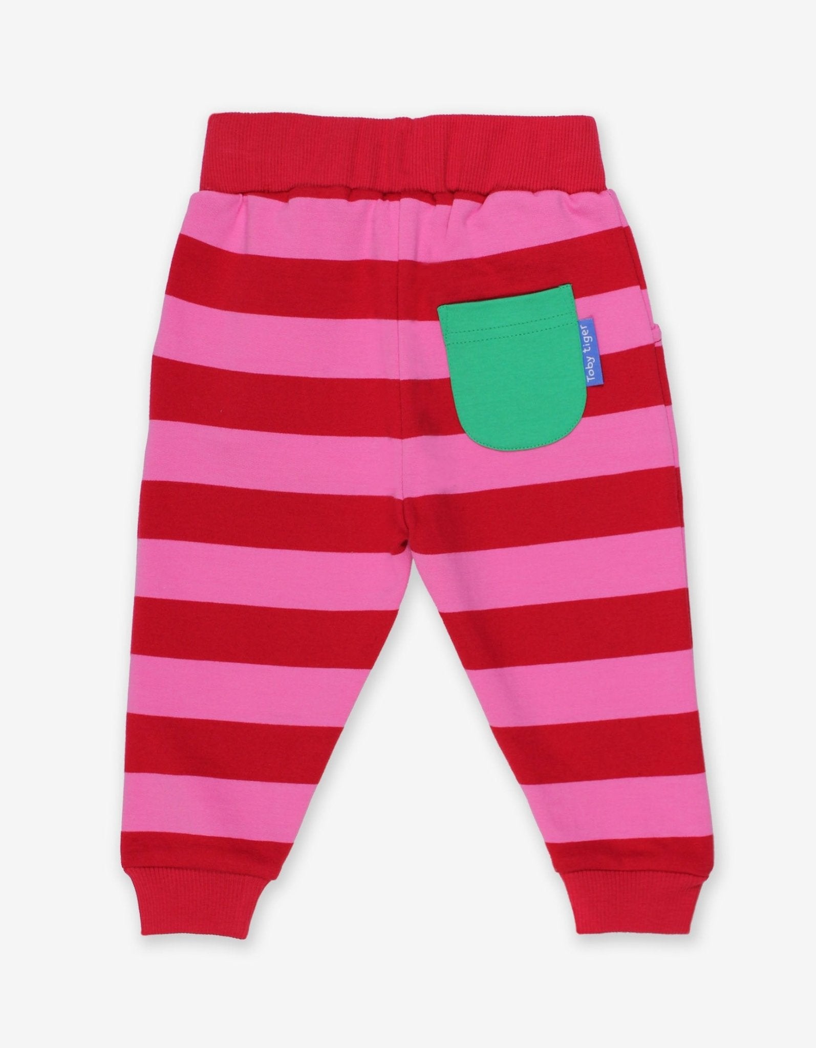 Red and pink striped pants with a green pocket on a white background