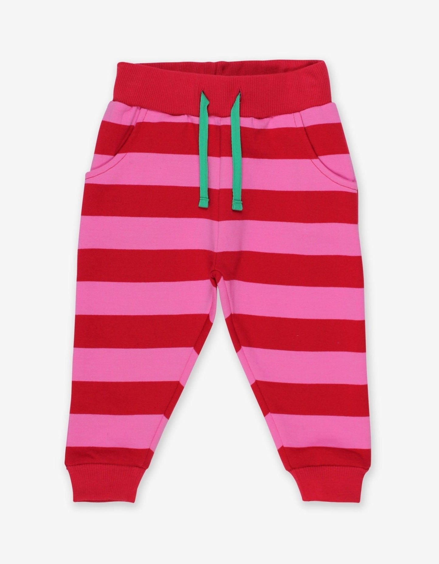 Red and pink striped organic joggers with a green drawstring on a white background