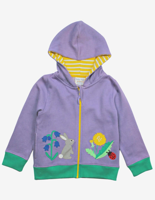 Children's Toby Tiger hoodie with floral and animal designs on a white background