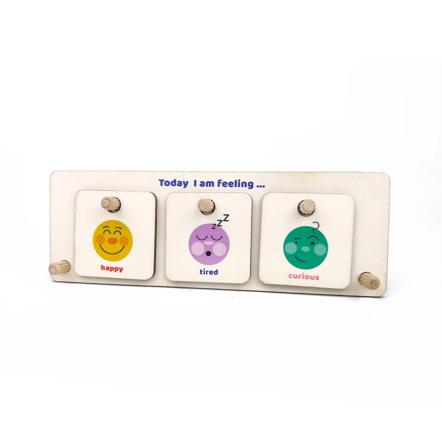 Children's emotional expression board with smiley, sleepy, and curious face buttons on a white background.