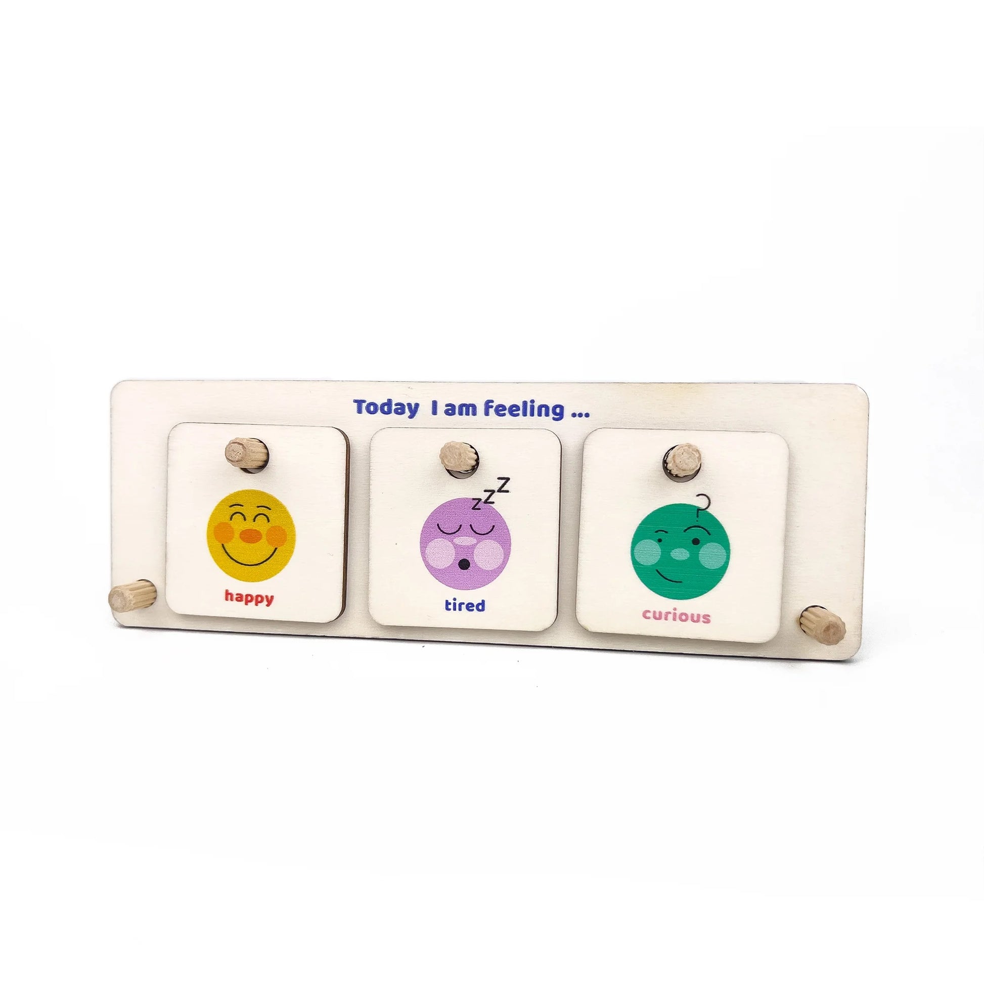 Children's emotional expression board with smiley, sleepy, and curious face buttons on a white background.