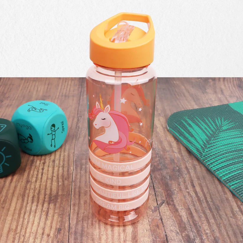 Clear water bottle with orange lid featuring a unicorn design on a wooden surface.