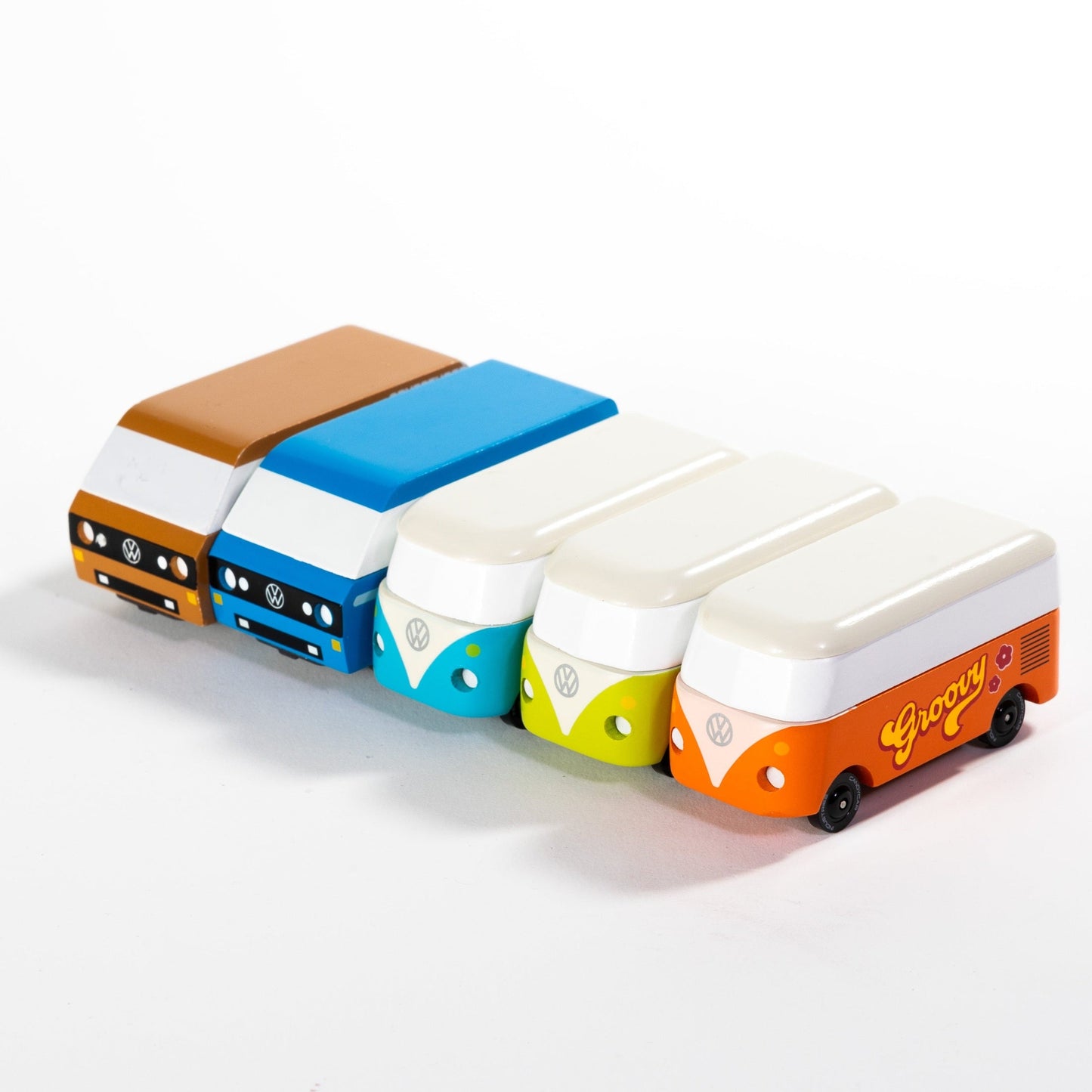 Set of colorful toy vans with Volkswagen logo on a white background