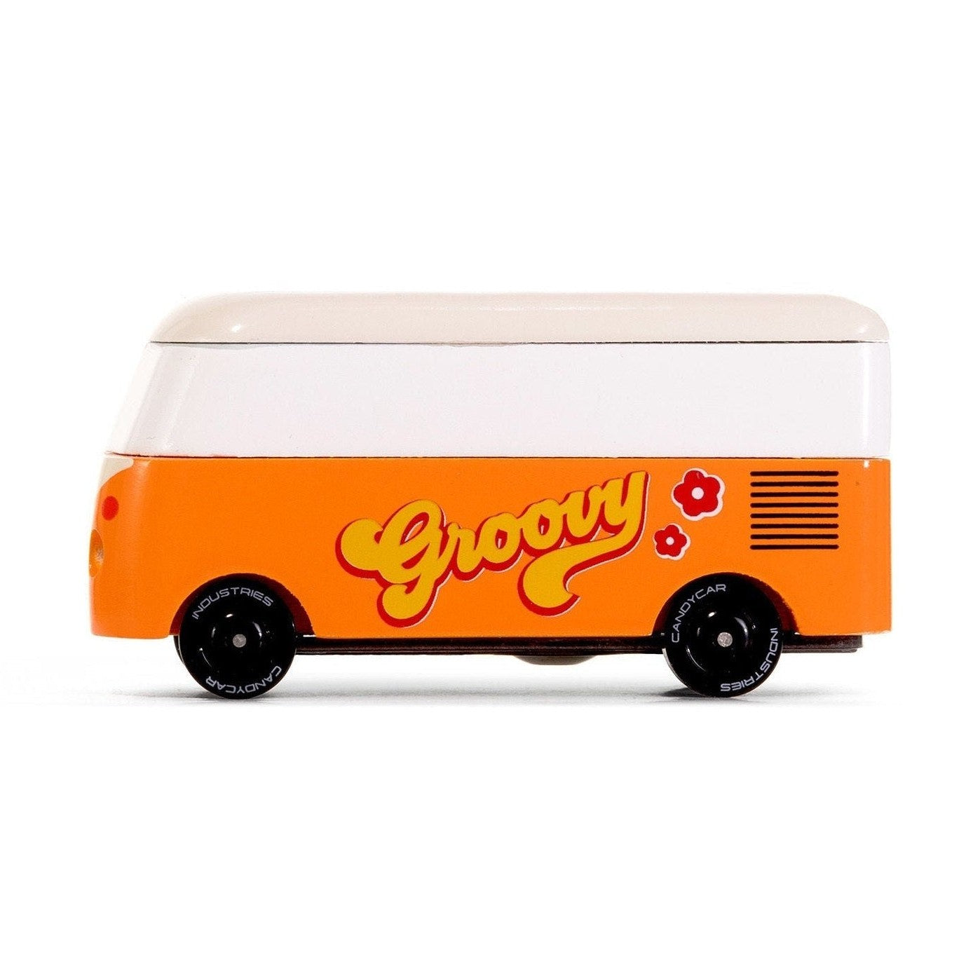 Orange toy van with 'Groovy' text on a white background