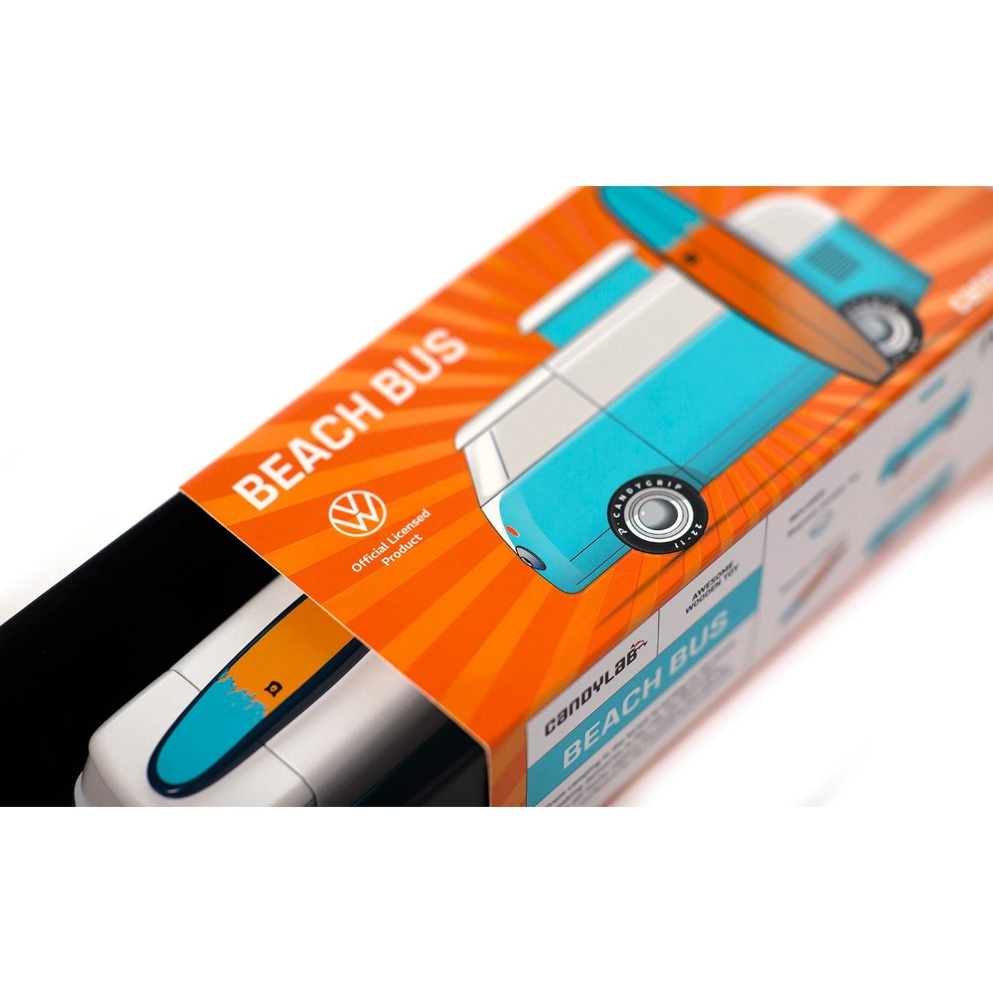 Volkswagen Beach Bus toy packaging on a white background