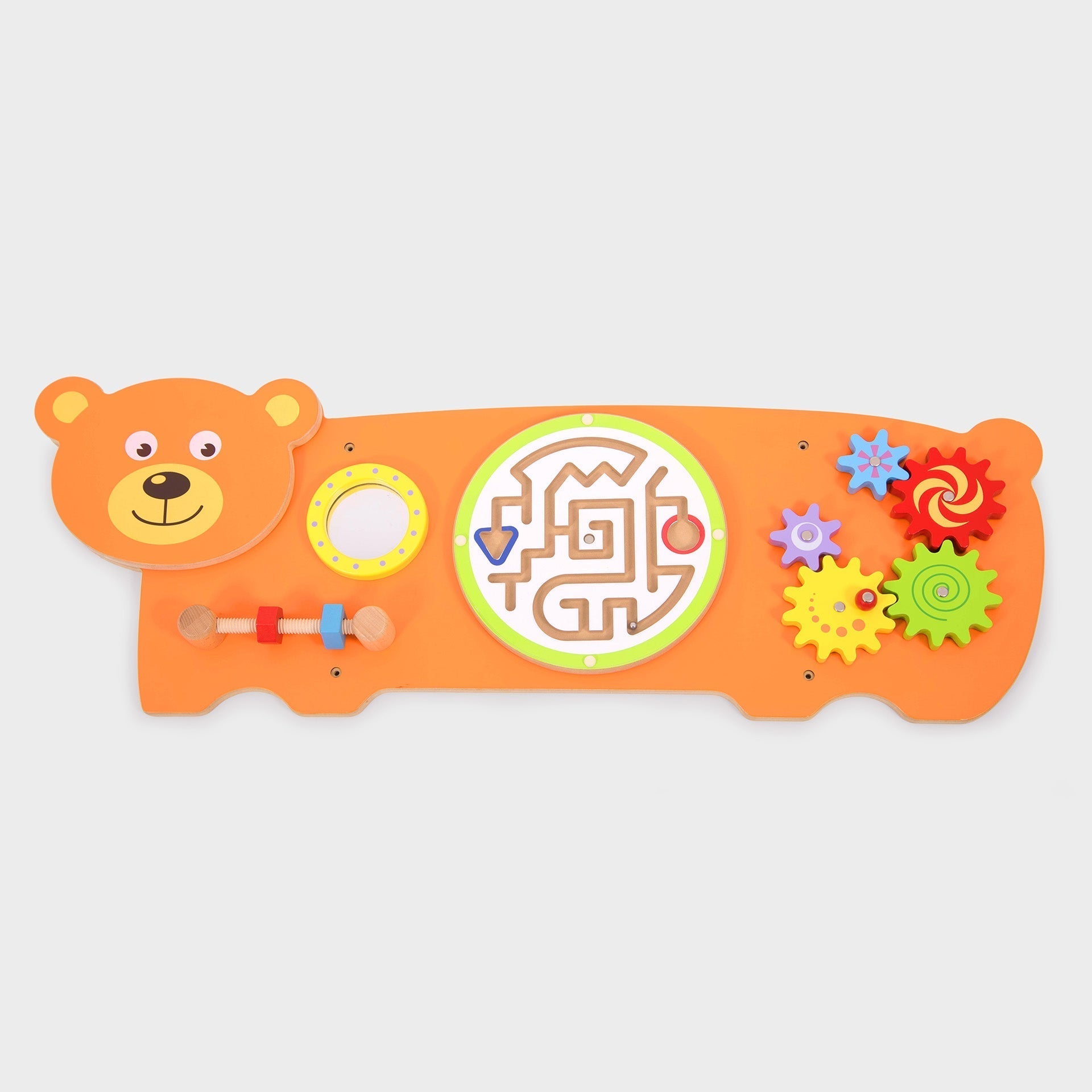 Colorful children's toy with a bear design on an orange background