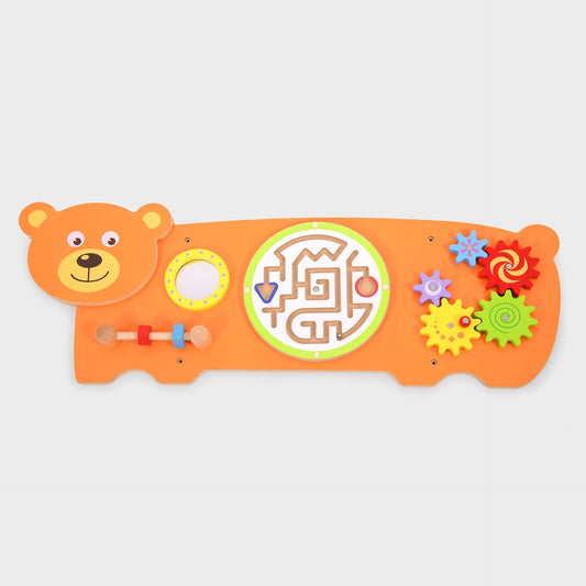 Colorful children's toy with a bear design on an orange background