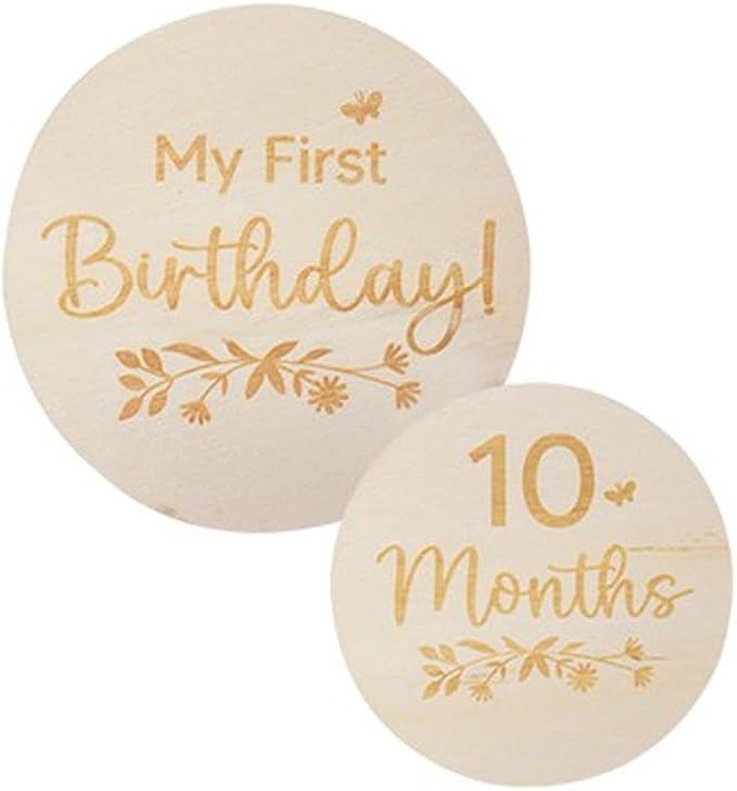 Two round wooden discs with 'My First Birthday!' and '10 Months' text on a white background.