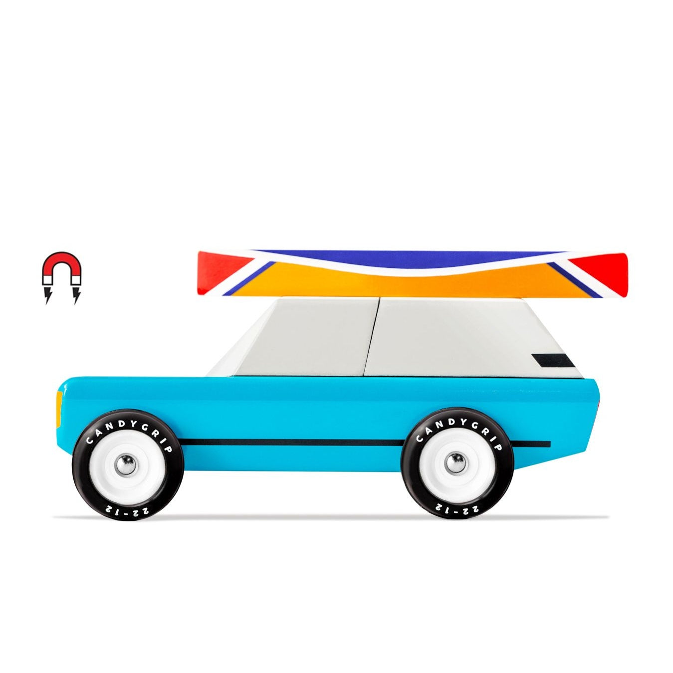 Toy car with colourful design on a white background