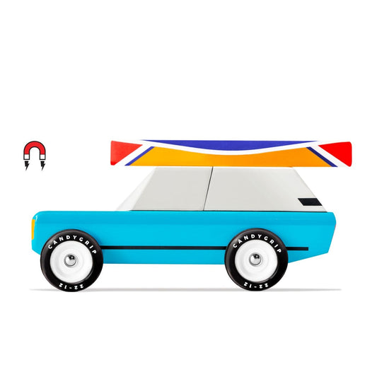 Toy car with colourful design on a white background