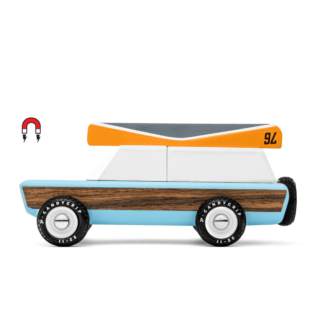 Toy car with wooden bottom design and colorful top on a white background