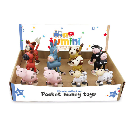 Box of Jumini pocket money toys with various animal figurines on a white background
