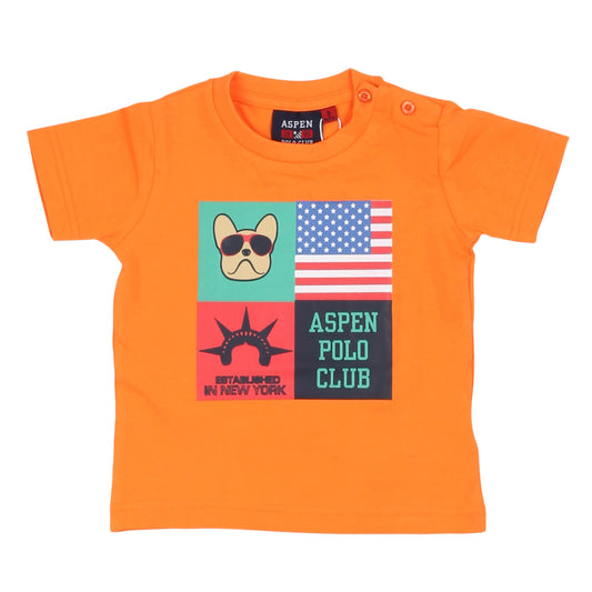 Orange t-shirt with graphic design and 'Aspen Polo Club' branding on a white background