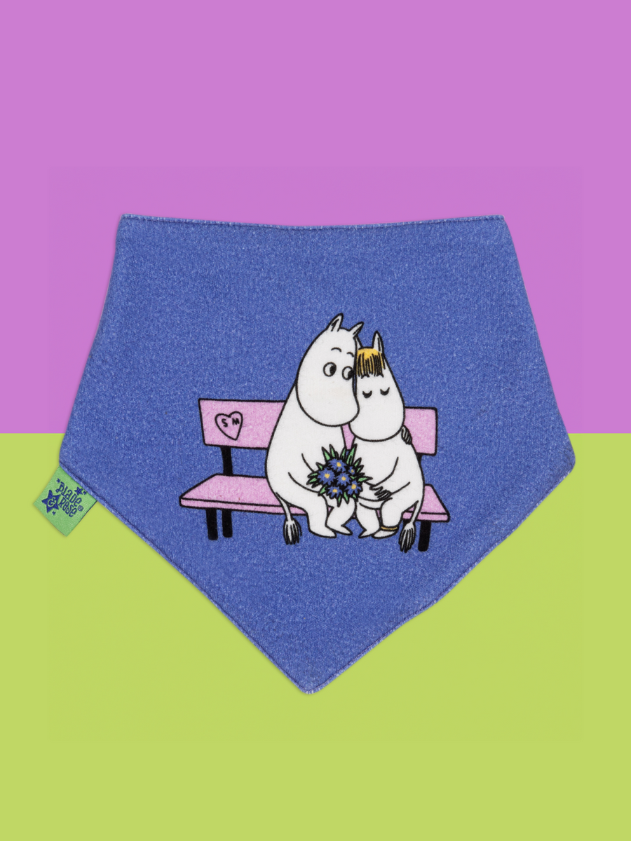 Blue bandana bib with Moomin characters on a purple and green background.
