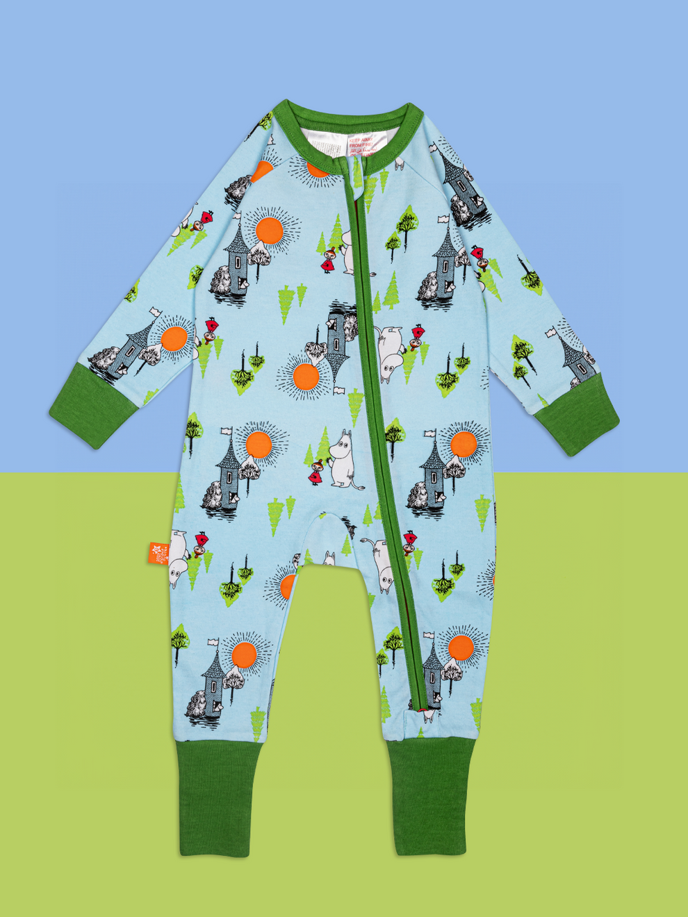 Children's onesie with moomin castle pattern on a blue and green background