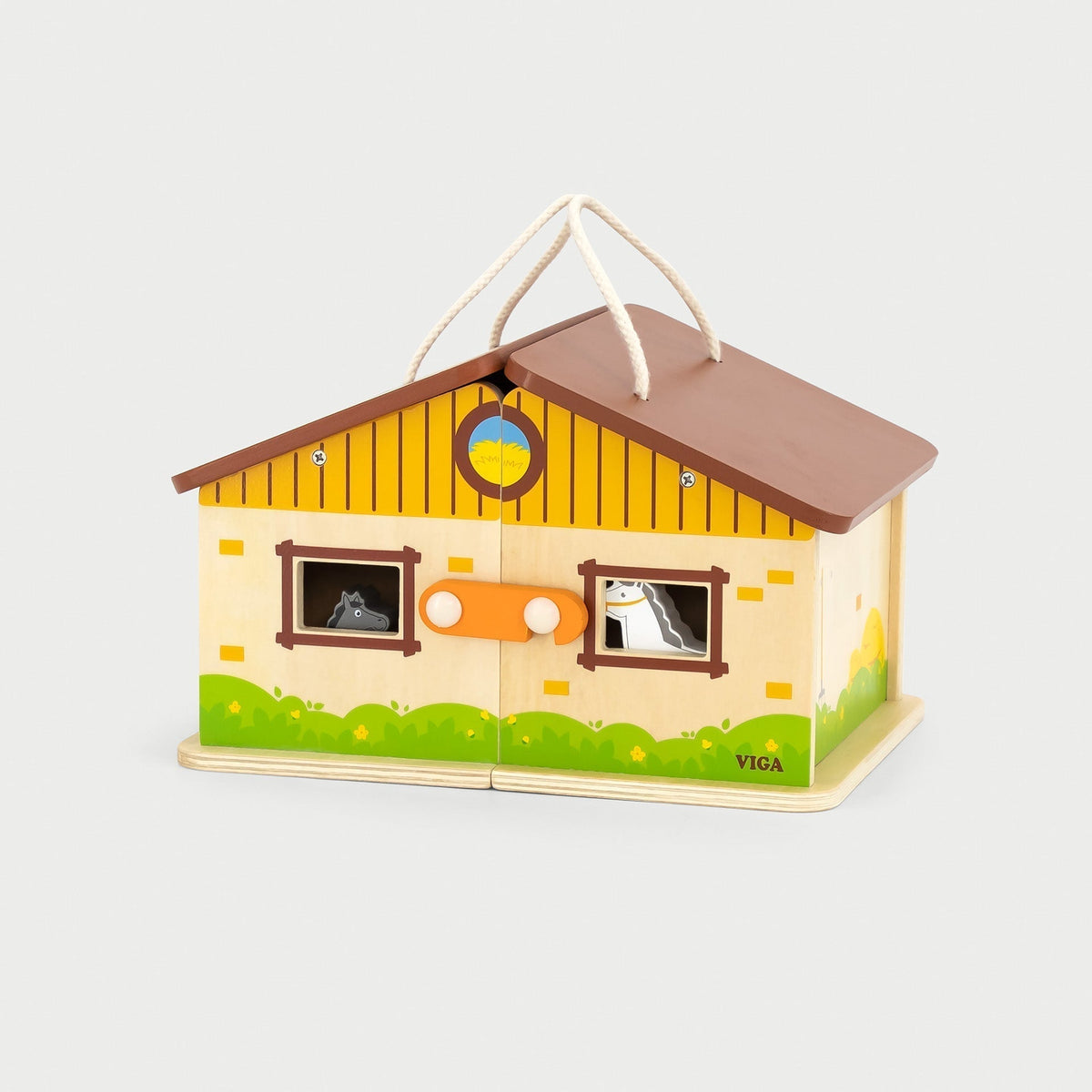 Foldable wooden toy stable completely shut, demonstrating compact storage for a tidy playroom.
