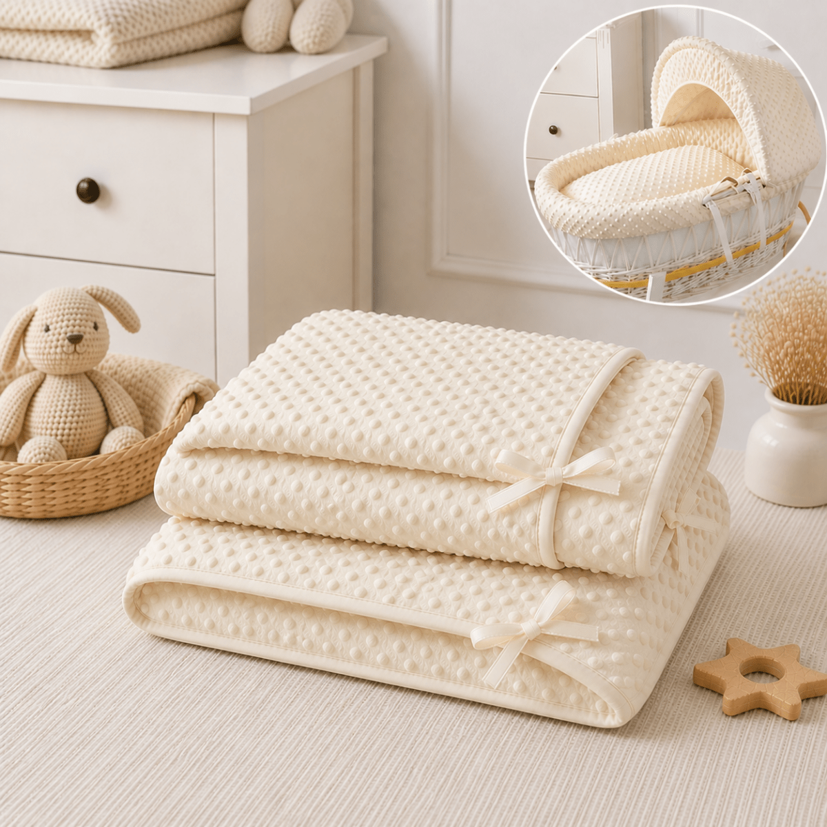 Folded cream-colored dimple moses basket blanket on a light wooden floor with toys and a basket in the background.