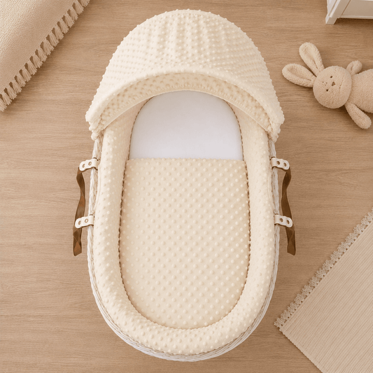 Moses basket with beige dimple bedding and hood