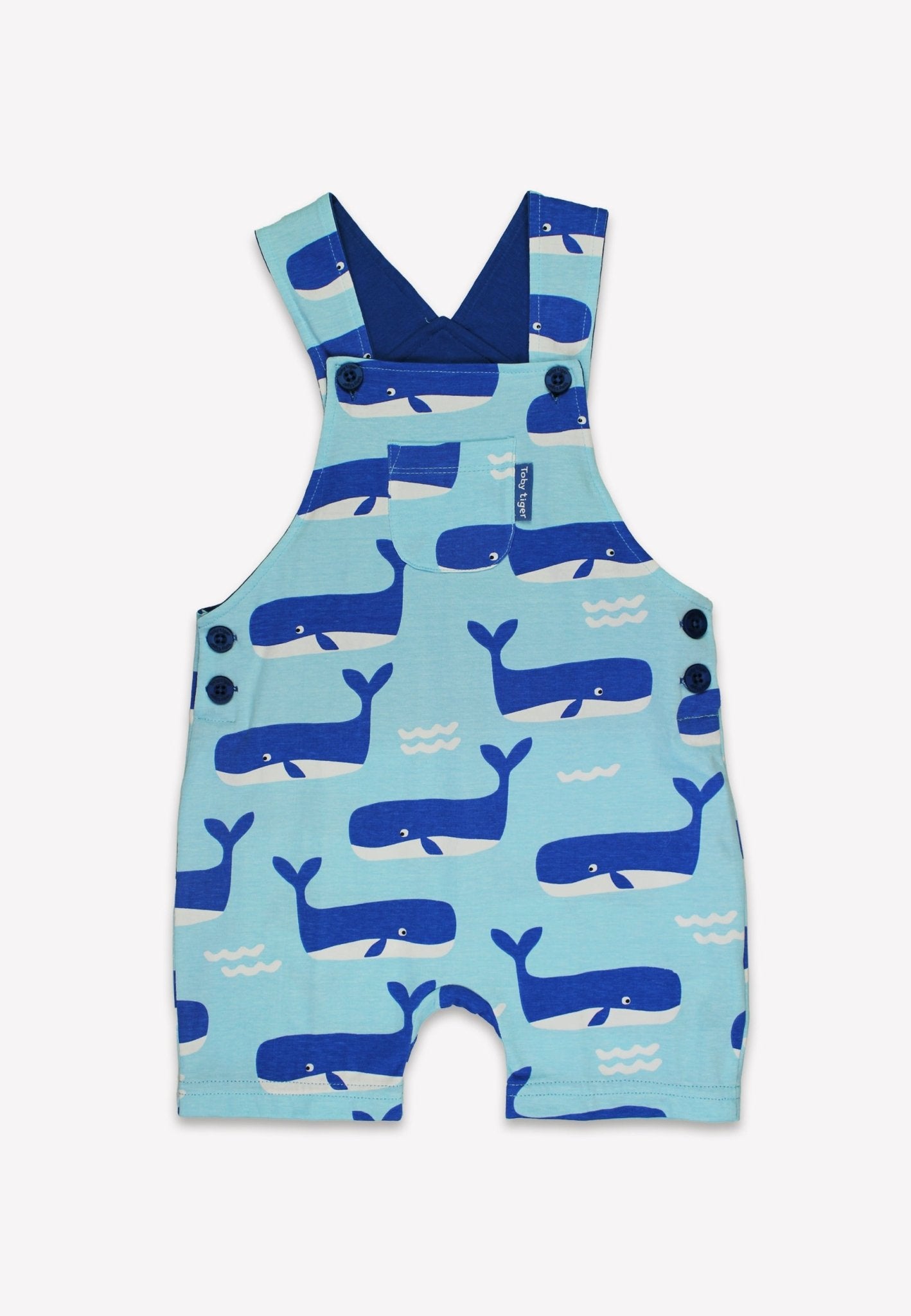 Toby Tiger Organic Whale Waves Print Dungaree Shorts