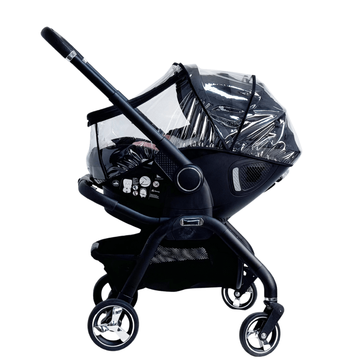 Black baby stroller with clear rain cover on a transparent background